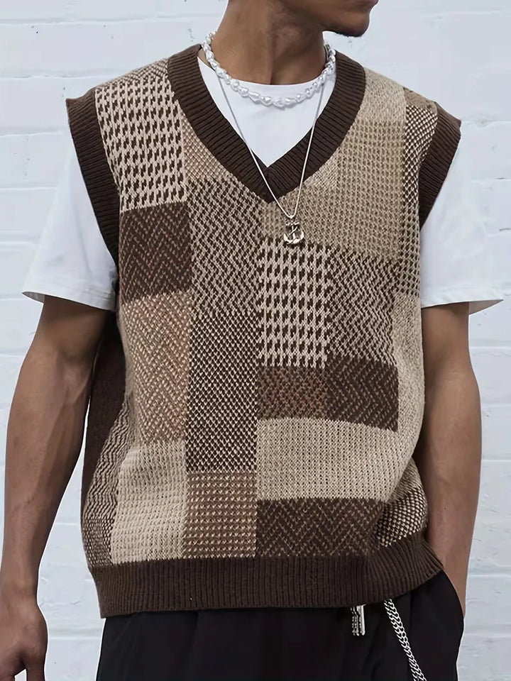 Mouwloos heren sweater vest met geometrisch patroon, in comfortabele koffie kleur voor casual winterstijl.