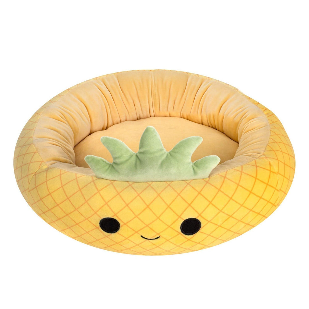 Rond, zacht pluche huisdierbed met dierenthema en fruitprint, perfect voor een comfortabele slaapplek.