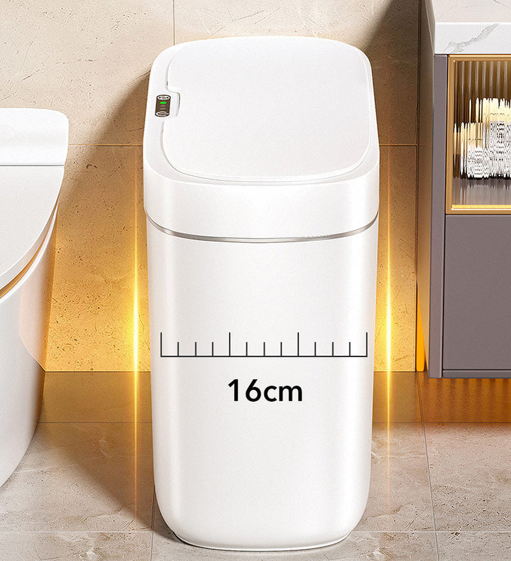 Moderne slanke automatische prullenbak 12L. Ideaal voor badkamer of keuken, ruimtebesparend en waterdicht.