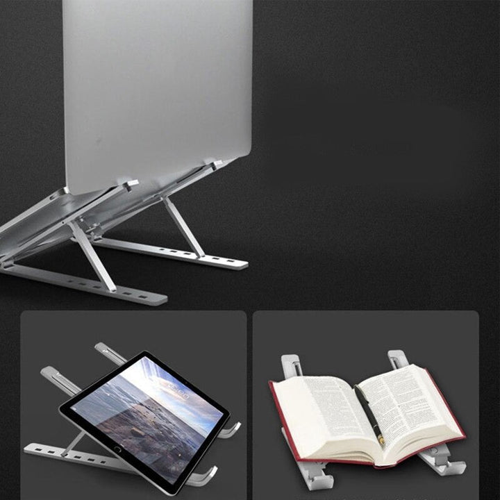 Strakke zilveren laptopstandaard verhoogt productiviteit en creëert ergonomische werkplek voor thuis of kantoor.