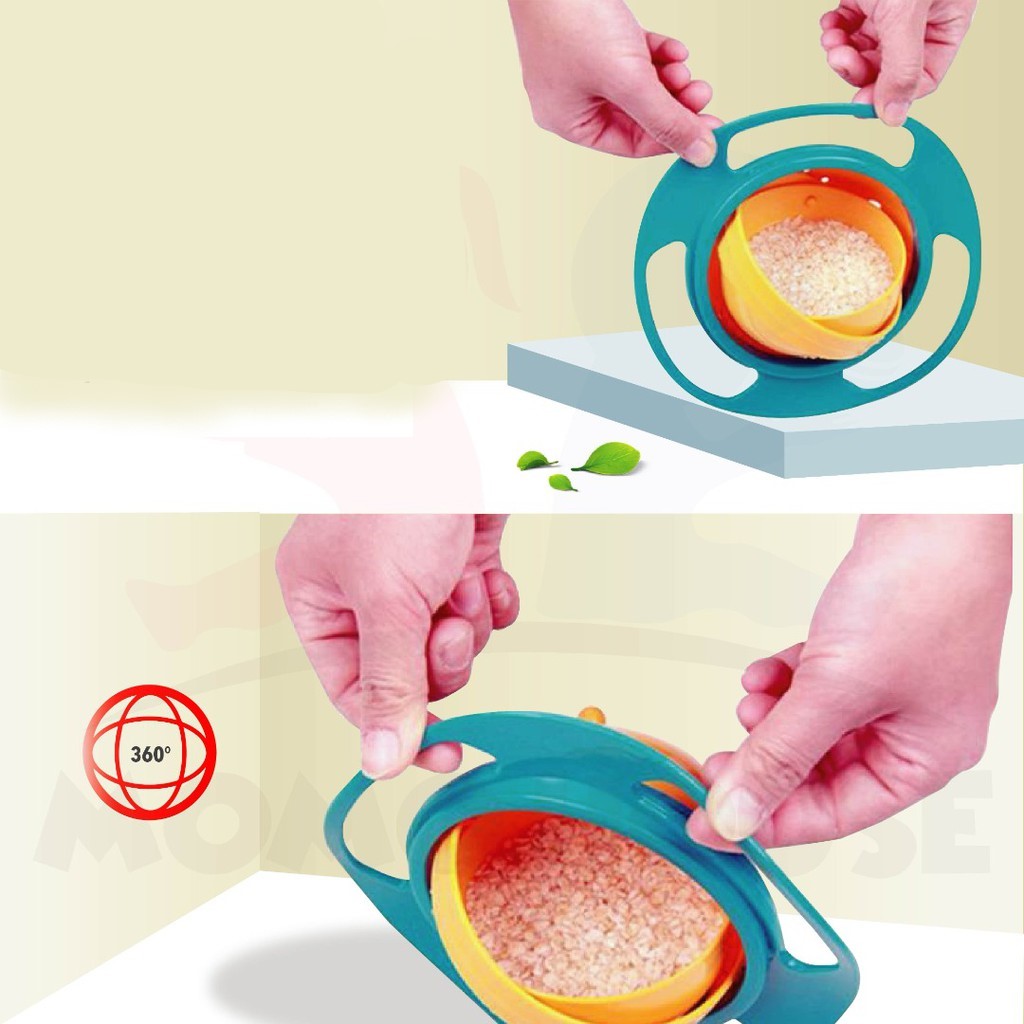Close-up van de gyroscopische technologie in de anti-mors babykom, voorkomt morsen van peutervoeding.