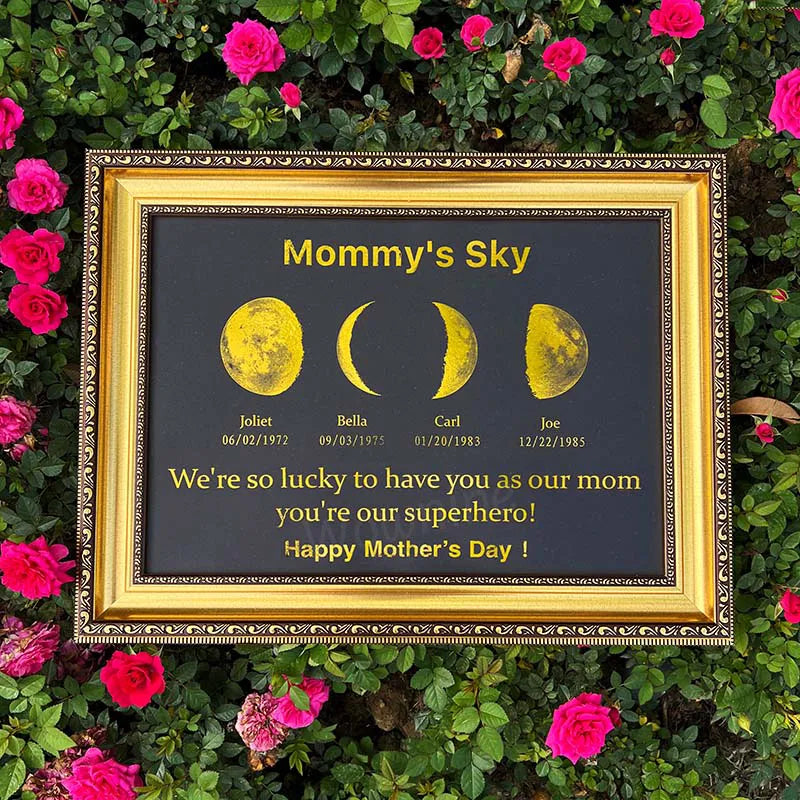 Gepersonaliseerde maanstand poster, unieke wanddecoratie, perfect cadeau voor jubileum of speciale momenten.