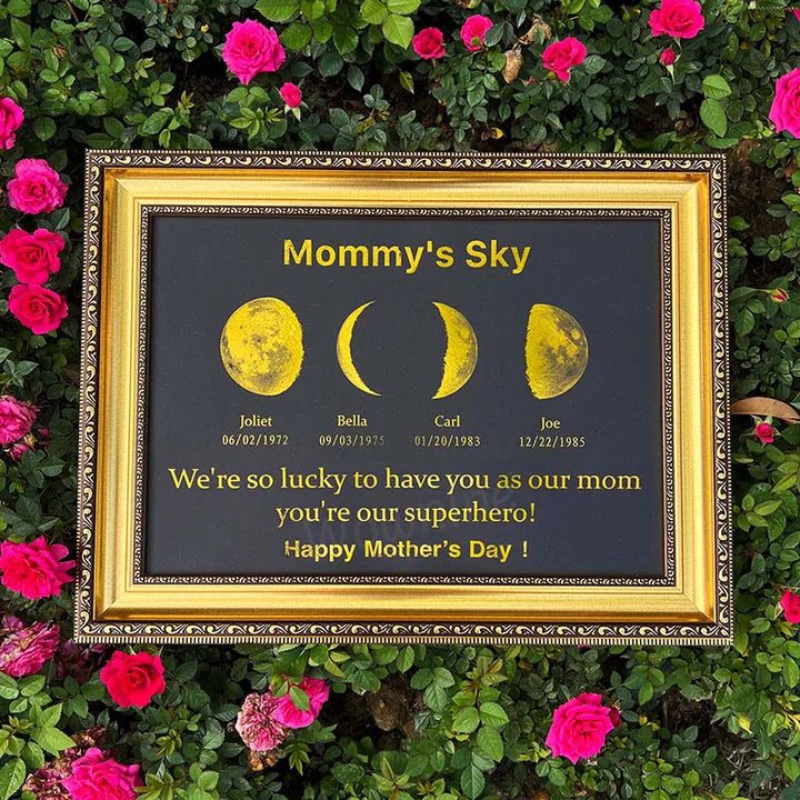 Gepersonaliseerde maanstand poster, unieke wanddecoratie, perfect cadeau voor jubileum of speciale momenten.