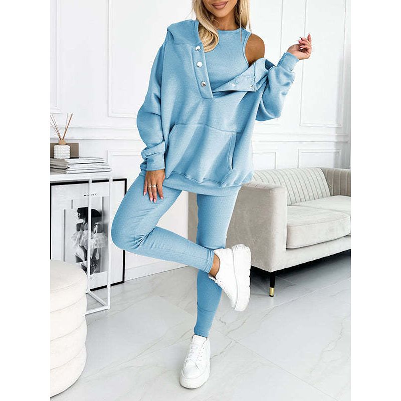 Blauwe dames hoodie set 3-delig. Comfortabel joggingpak voor loungewear of een stijlvolle casual outfit.