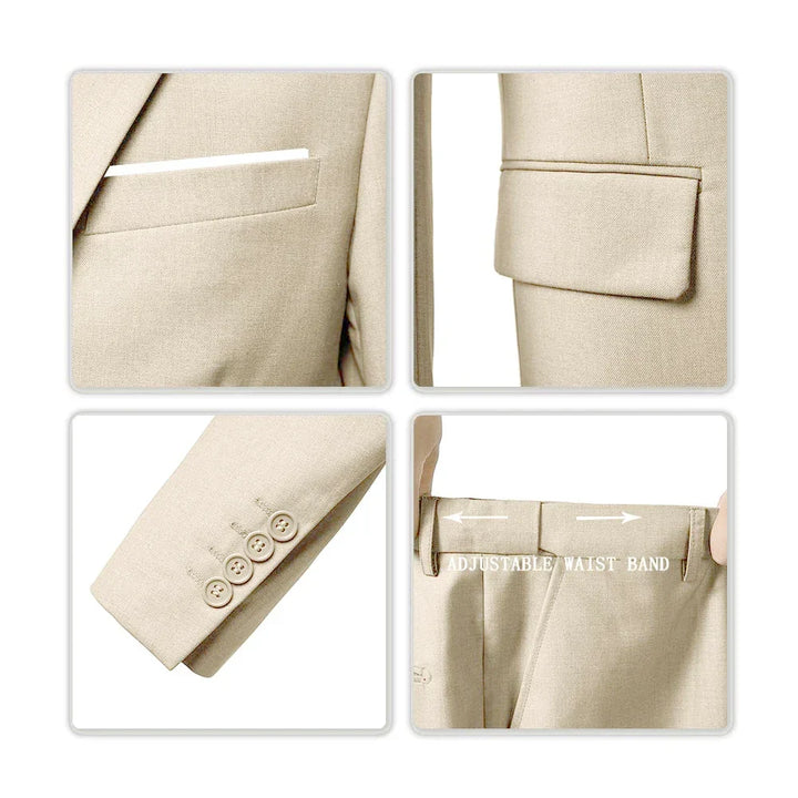 Modern driedelig herenpak: stijlvolle blazer, vest en pantalon voor een professionele en elegante uitstraling.