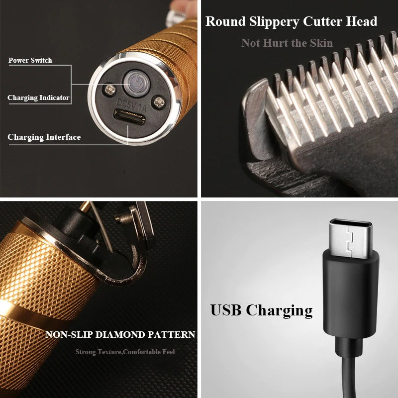 Complete 3-in-1 trimmer set met USB-oplaadkabel en diverse opzetkammen voor veelzijdig gebruik.
