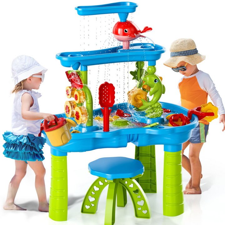 Kinder zand- en watertafel met drie lagen, ideaal voor creatief buitenspeelplezier en educatieve kinderactiviteiten.