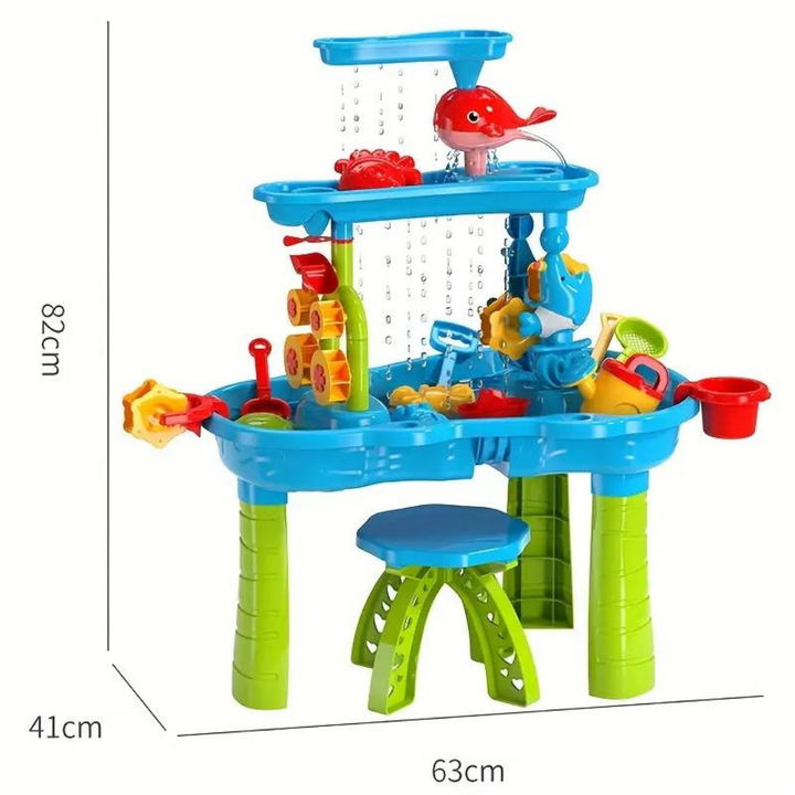 Complete kinder zandtafel en watertafel set van kunststof, perfect voor zandkastelen en waterspelen.