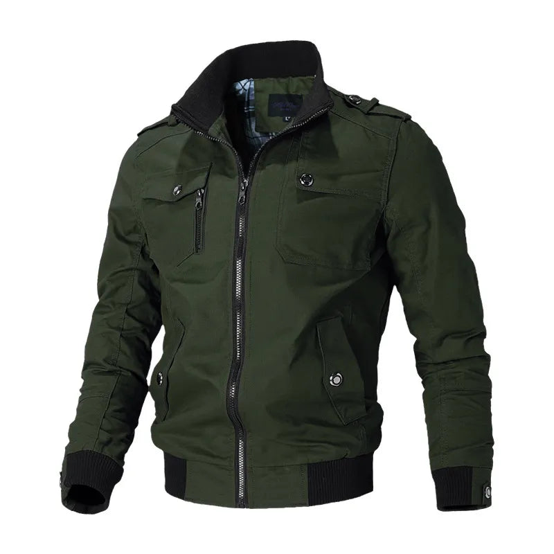 Modieus heren slim fit jack, kaki, met rits en opstaande kraag, ideale lente/herfst bovenkleding.