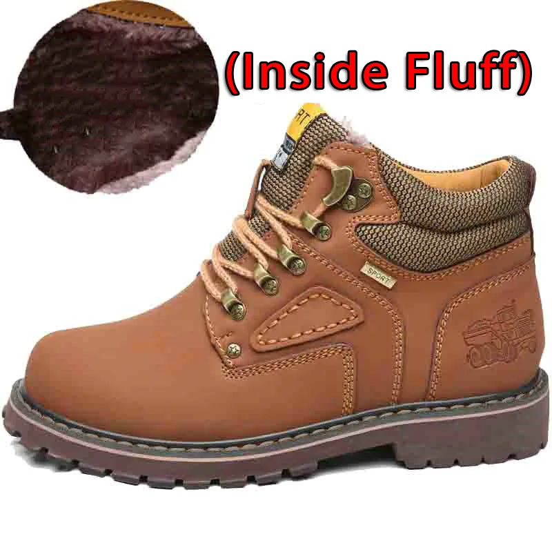 Zijaanzicht van modieuze heren retro wintersneakers, voorzien van een stevige waterdichte zool en warmte.