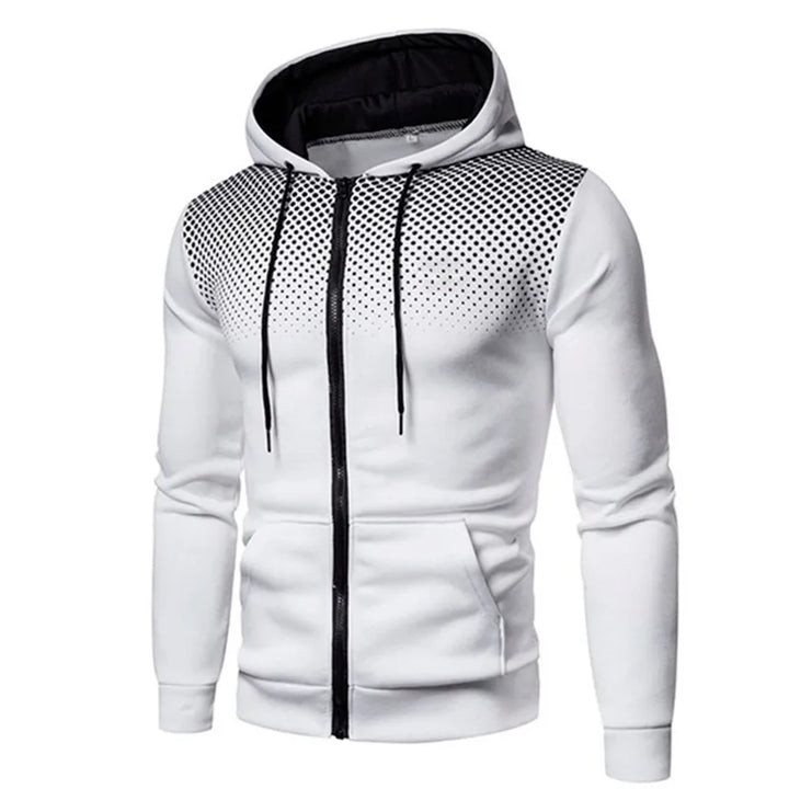Zacht heren sportvest van ademend materiaal met unieke polka dot print en stevige ritssluiting.