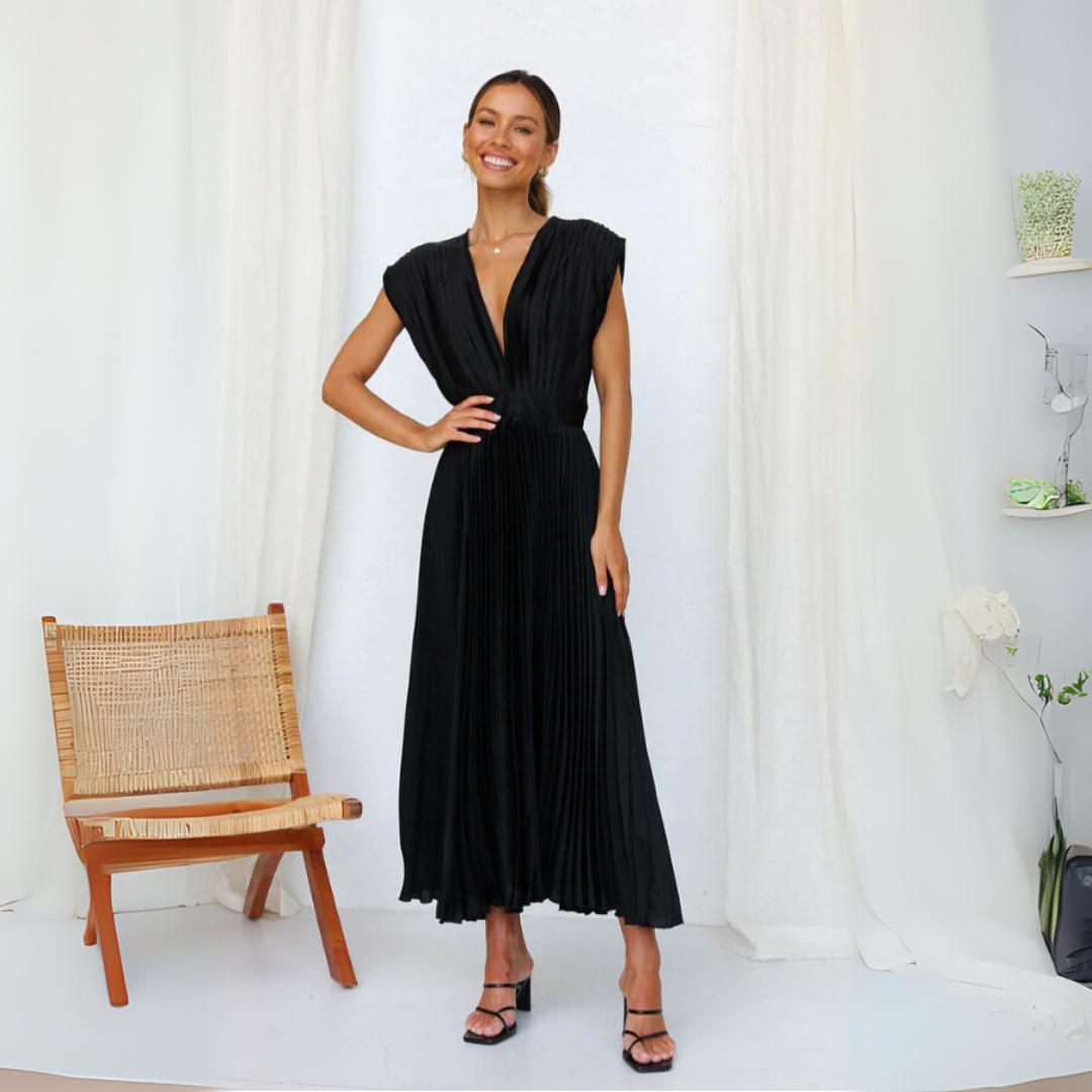 Elegante dames geplooide V-hals maxi-jurk voor een comfortabele en stijlvolle look, perfect voor zomeravonden.