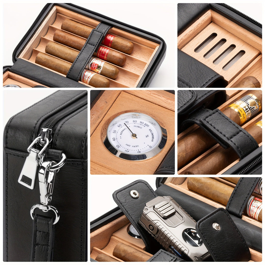 Open luxe lederen sigarenreisetui, toont cederhouten interieur, perfect voor 6 sigaren. Inclusief accessoires.