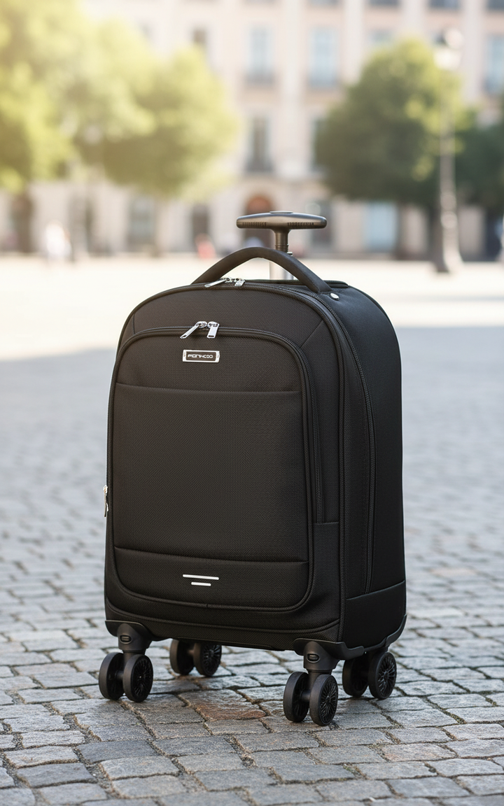 Zwarte 30L reisrugzak Trollex met wielen, perfect cabineformaat voor reizen, zakenreis of weekendtas.