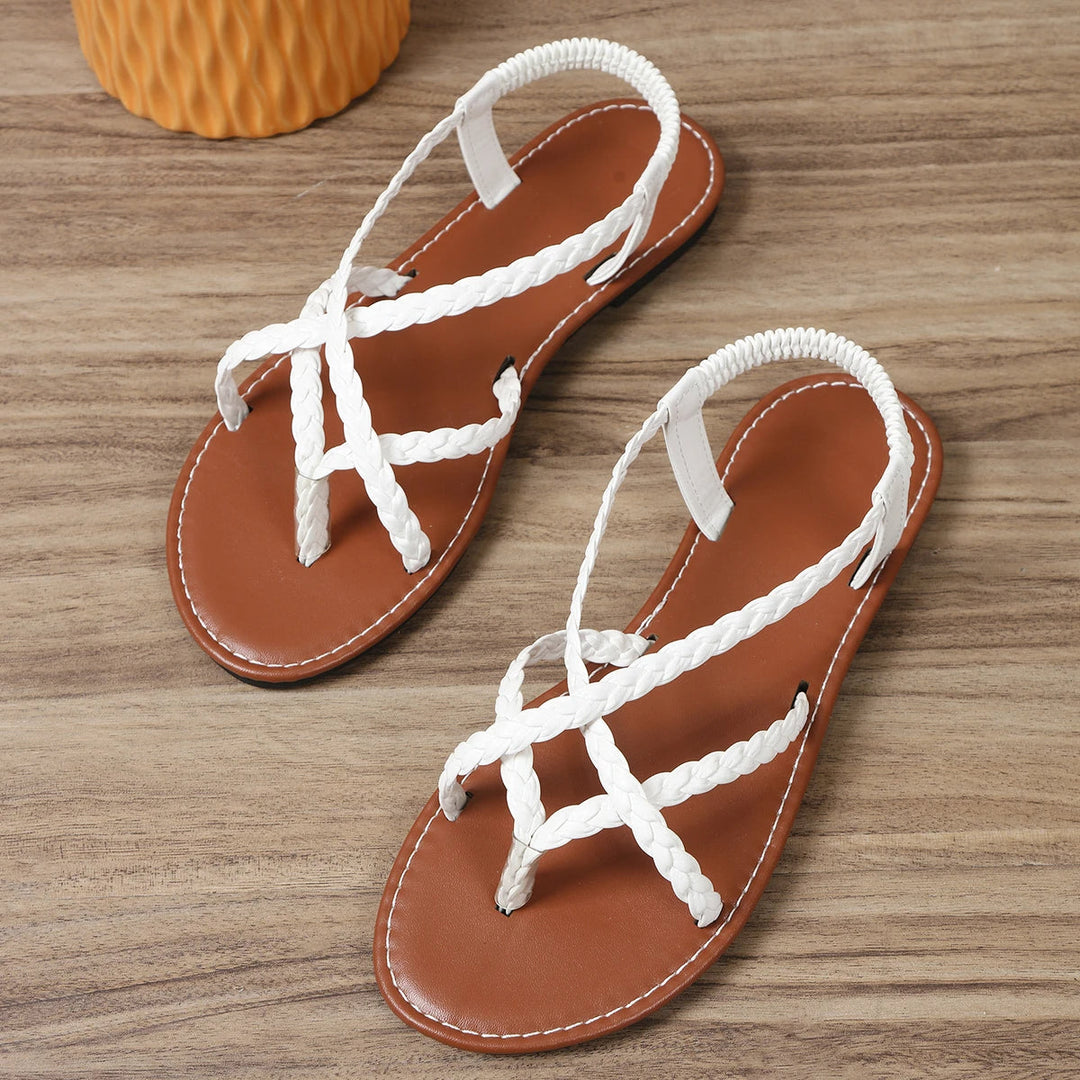 Pastelkleurige Hoymans dames zomerschoenen, gevlochten slippers met platte zool.
