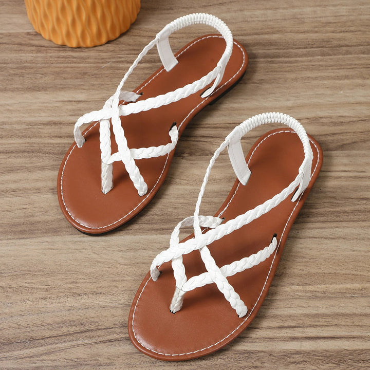 Pastelkleurige Hoymans dames zomerschoenen, gevlochten slippers met platte zool.