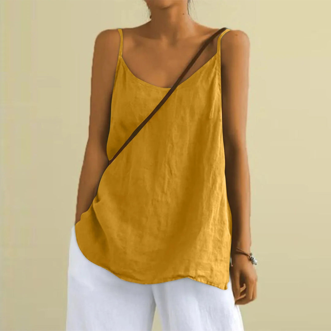 Trendy dames top met V-hals en mouwloos design, een comfortabele keuze voor warme zomerdagen.