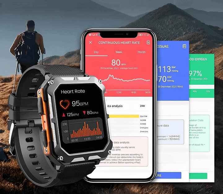 Close-up van het scherm van een robuuste heren smartwatch; toont tijd en activiteitsdata. Onverwoestbaar.