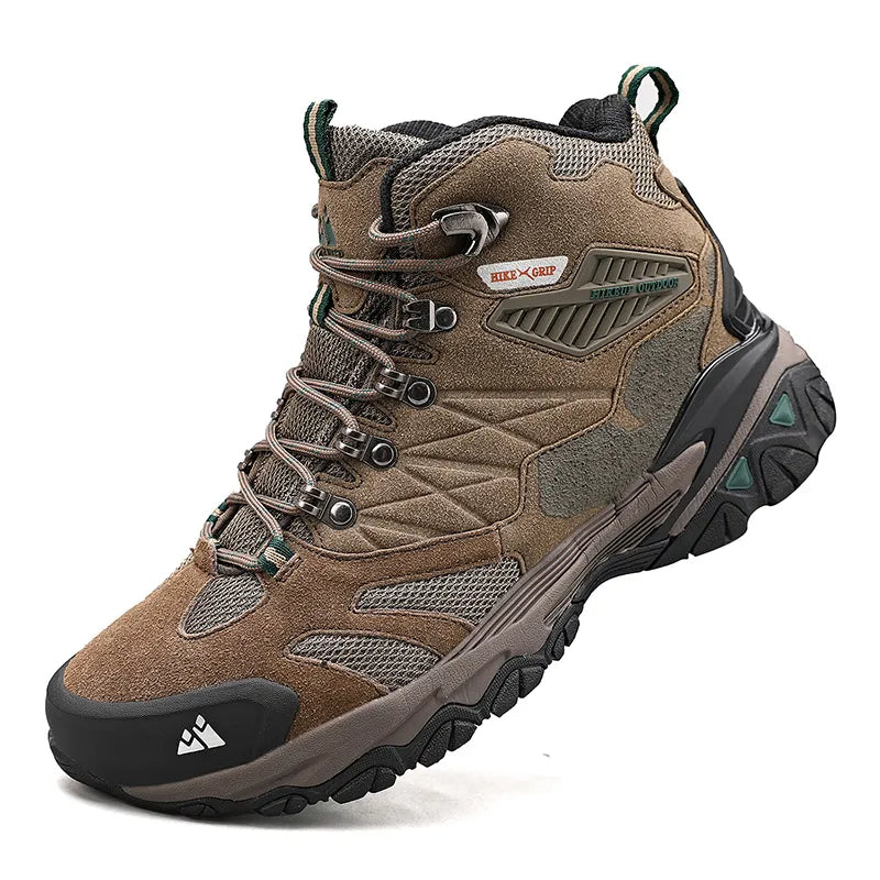Kaki heren waterdichte trekking schoenen, hoogmodel, bieden comfort en bescherming op elk terrein.
