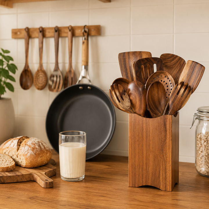 Efficiënte 8-delige acaciahouten keukenset. Krasvrij kookgerei en houten lepels voor moeiteloos en plezierig koken.