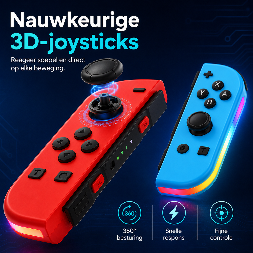Close-up van de unieke kleuren en actieknoppen van de Nintendo Switch LED gaming controller.