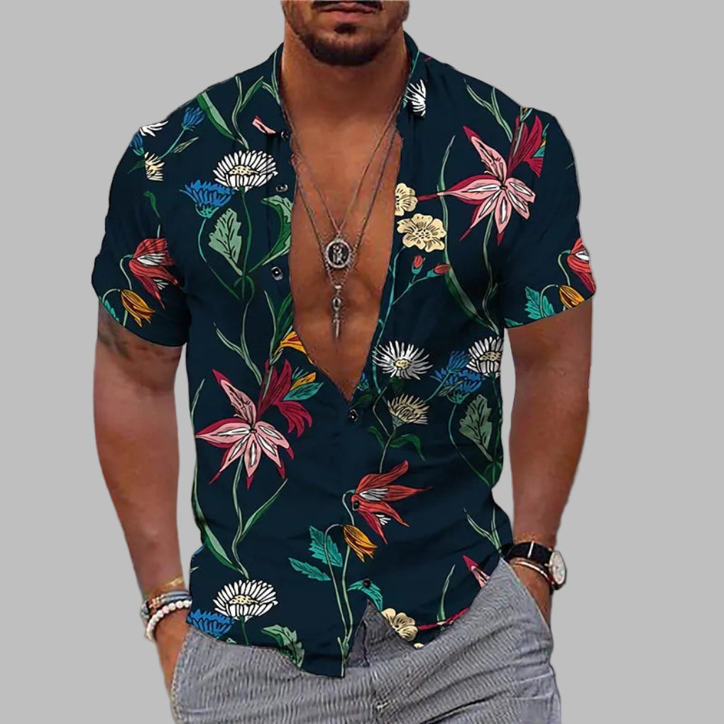 Stijlvol heren zomeroverhemd met bloemenprint, perfect voor een trendy casual look of vakantie outfit met korte mouwen.