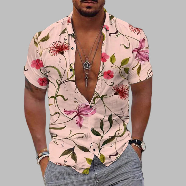 Lichtgewicht heren zomeroverhemd met frisse bloemenprint en korte mouwen, ideaal voor een comfortabele casual outfit.
