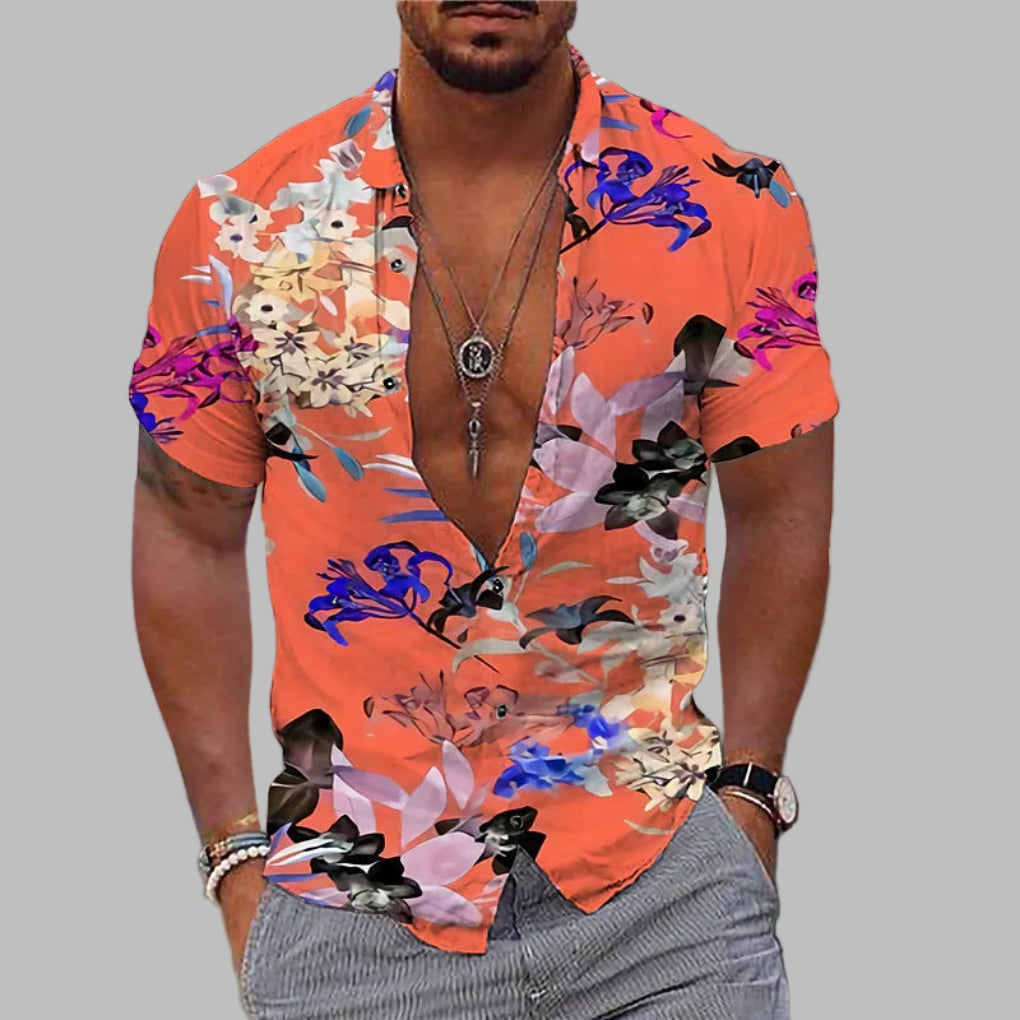 Modern heren print overhemd met trendy bloemen en korte mouwen, perfect voor casual herenkleding en vakantie.