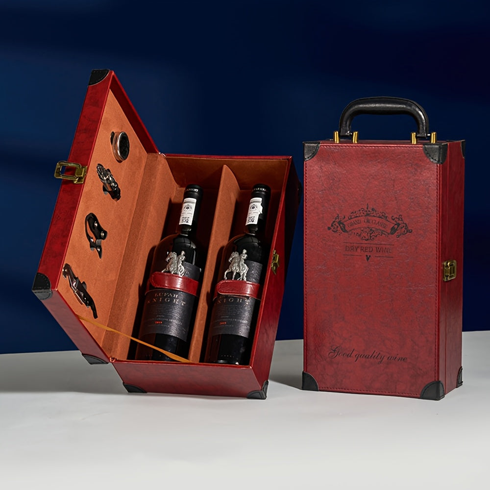 Klassieke 2-fles wijndrager van bruin PU leer, draagbaar met handvat en accessoires vak.