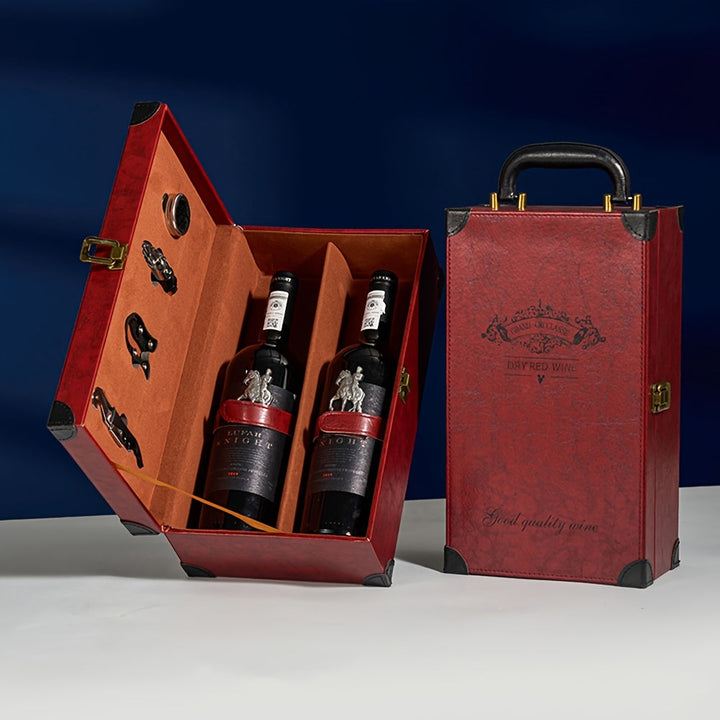 Klassieke 2-fles wijndrager van bruin PU leer, draagbaar met handvat en accessoires vak.
