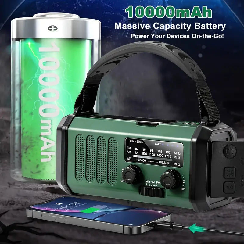 De noodradio als powerbank; telefoon wordt opgeladen via USB in een noodsituatie of tijdens buitenleven.