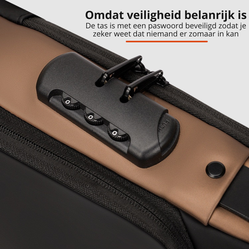 Compacte Julian dagrugzak, functioneel en waterbestendig, met externe USB poort en veiligheidssluiting.