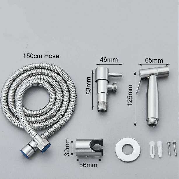 Moderne bidet handdoucheset in RVS uitvoering, specifiek voor toilet hygiëne. Duurzaam badkameraccessoire.
