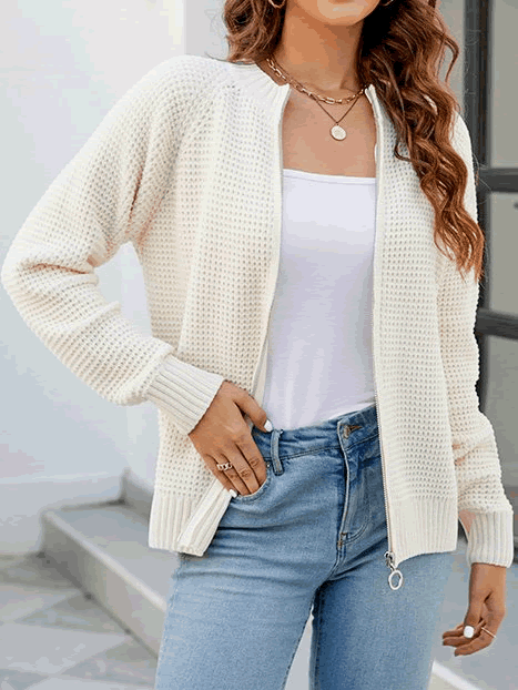 Dameskleding: effen casual vest met lange mouwen en rits, veelzijdig en warm.