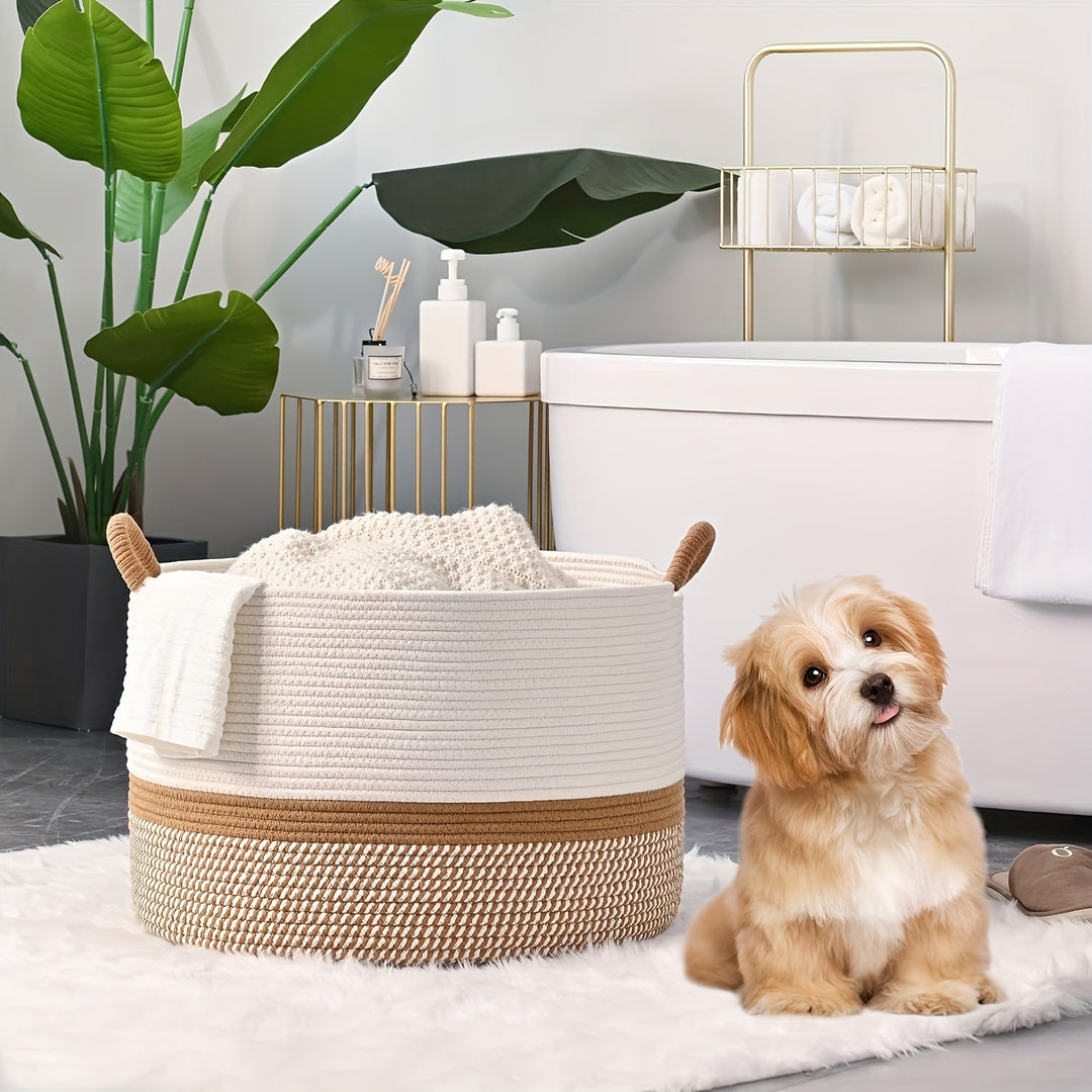 Praktische boho katoenen speelgoedmand, ideaal voor het netjes opbergen van speelgoed in de kinderkamer of woonkamer.