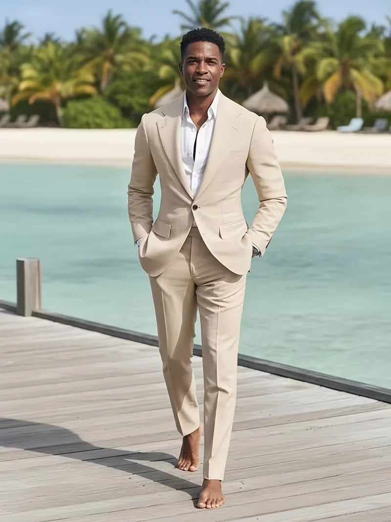 Compleet slim fit herenpak, bestaande uit blazer en pantalon, voor een modieuze en nette look.