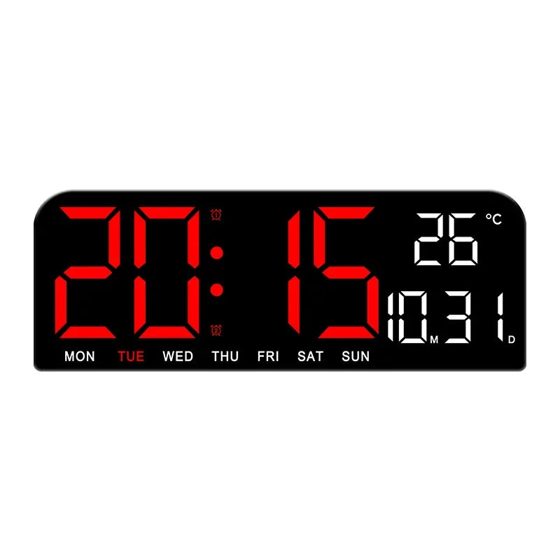 Witte digitale wandklok met helder display, ideaal voor elke kamer; toont tijd, datum, temp.