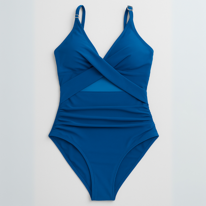 Stijlvol dames badpak zijaanzicht; toont flatterende snit en verstelbare schouderbandjes; elegante swimwear.