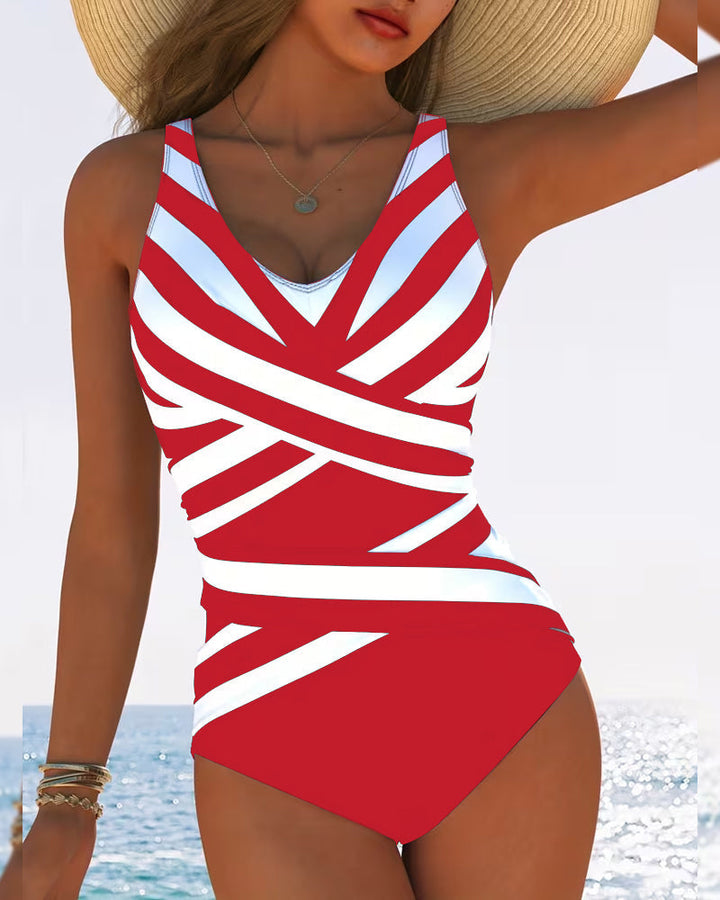 Blauw elegant damesbadpak, V-hals ontwerp, comfortabele zwemkleding voor de zomer.