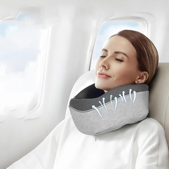 Ergonomisch traagschuim nekkussen, grijs, voor comfortabel slapen en nekondersteuning op reis.