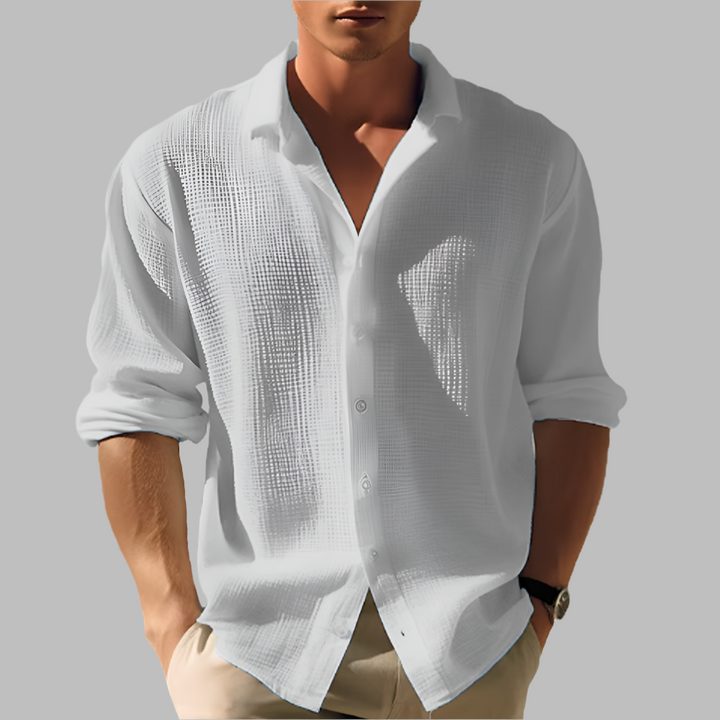 Lichtgewicht herenoverhemd met staande kraag voor een relaxte zomervakantie of een stijlvolle casual lente outfit.