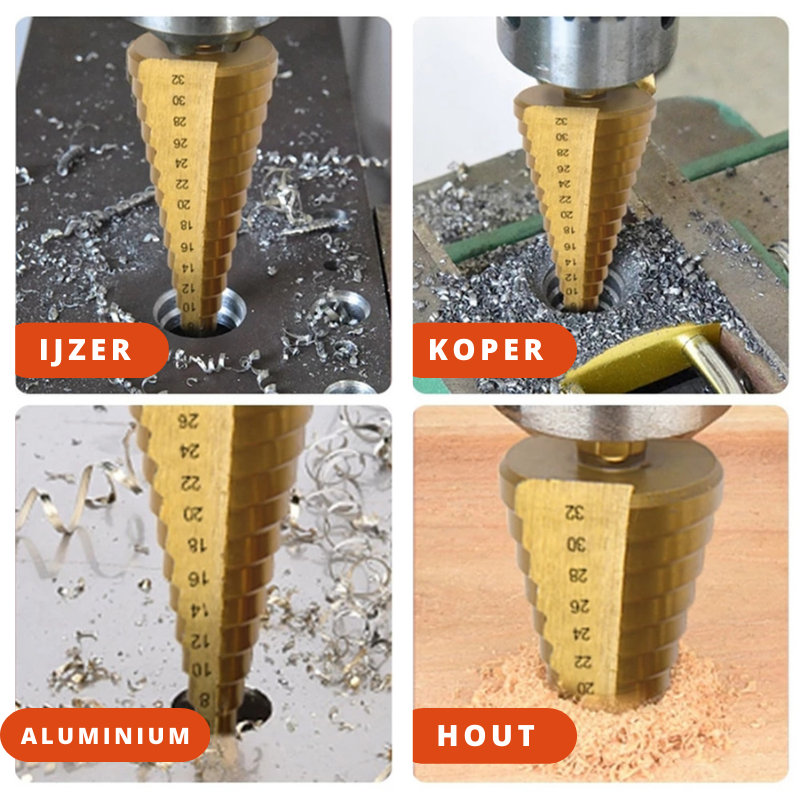 Detail van een titanium gecoate spiraalboor, ideaal voor harde materialen en precieze gaten.