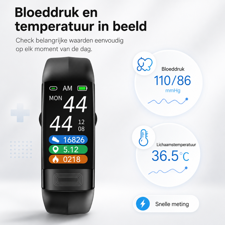 Comfortabele unisex slimme armband met siliconen band. ECG monitor, hartslag- & bloeddrukmeter voor welzijn.