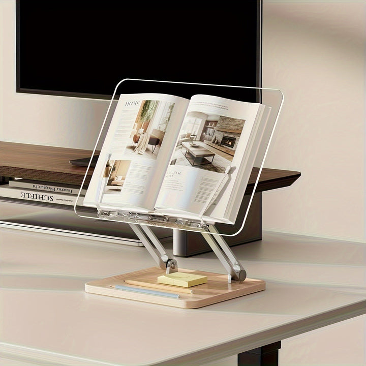Witte achtergrond weergave van de ergonomische acryl leesstandaard, geschikt als boekensteun of tabletstandaard.