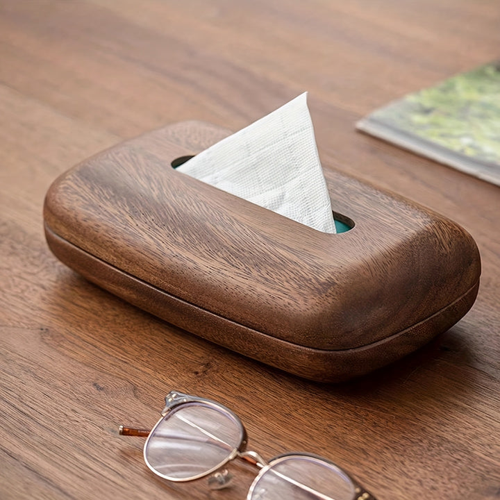 Walnoten tissuebox houder met elegant houten design. Ideaal voor het stijlvol opbergen van tissues in huis.