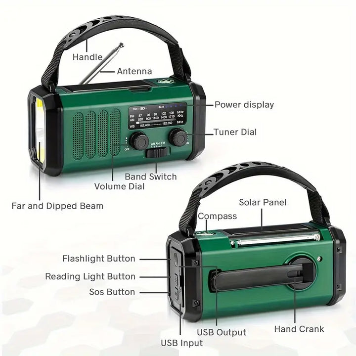 Gebruikershand draait de zwengel van de noodradio voor handmatig opladen; betrouwbaar in elke noodsituatie.