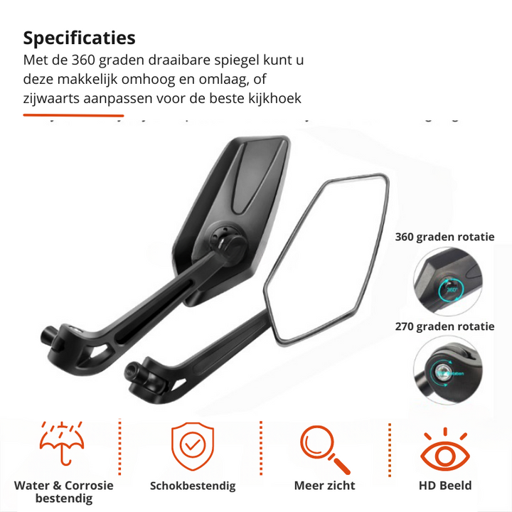 Verstelbare FlexiView fietsspiegel biedt optimale kijkhoek, garandeert veiliger fietsen in verkeer.