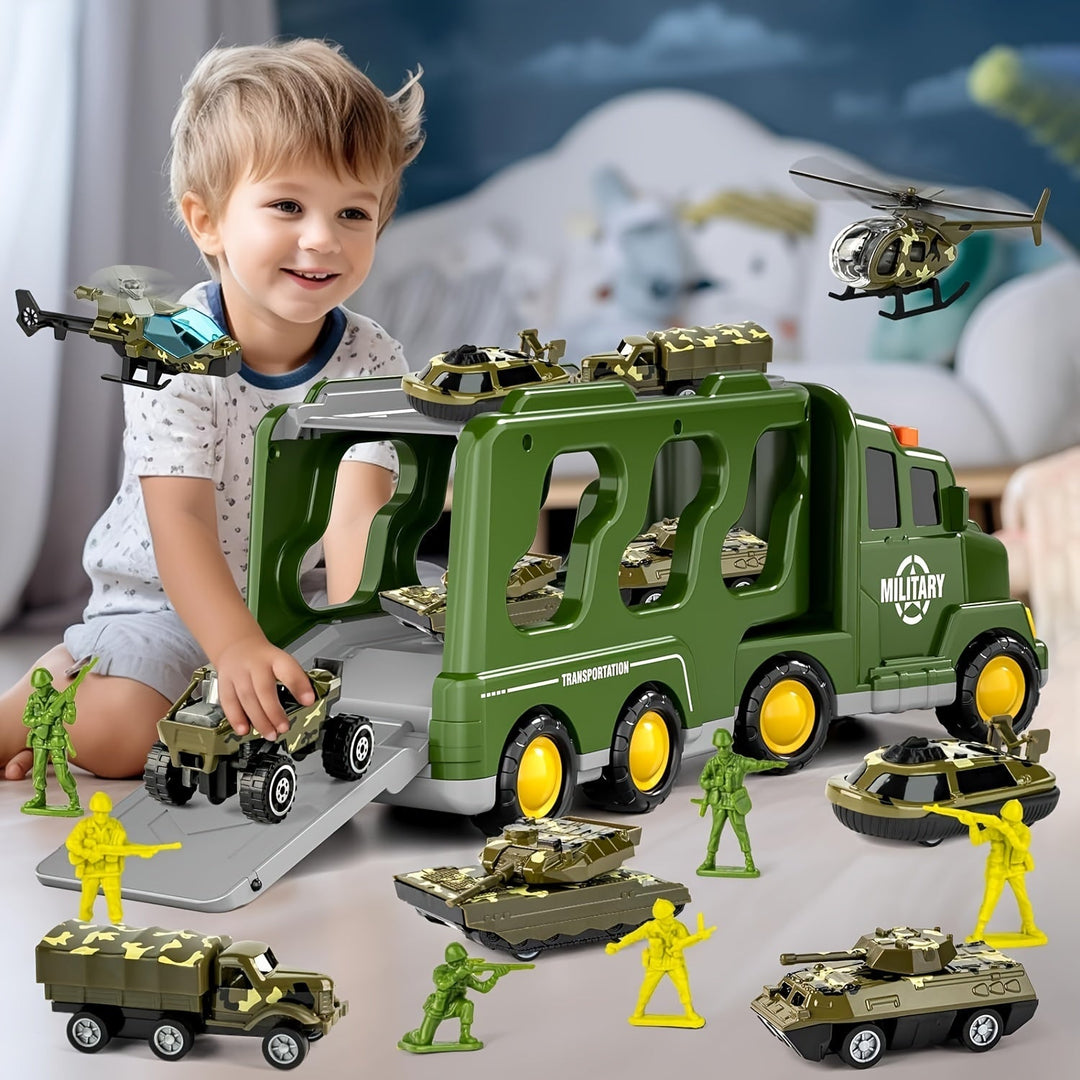 Militaire speelgoed vrachtwagen set 14-in-1 met tanks, soldaten en geluidseffecten voor kinderen.