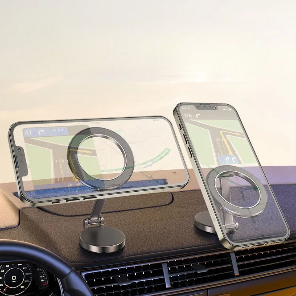 Zwart magnetisch auto accessoire, 360° draaibare telefoonhouder voor navigatie.