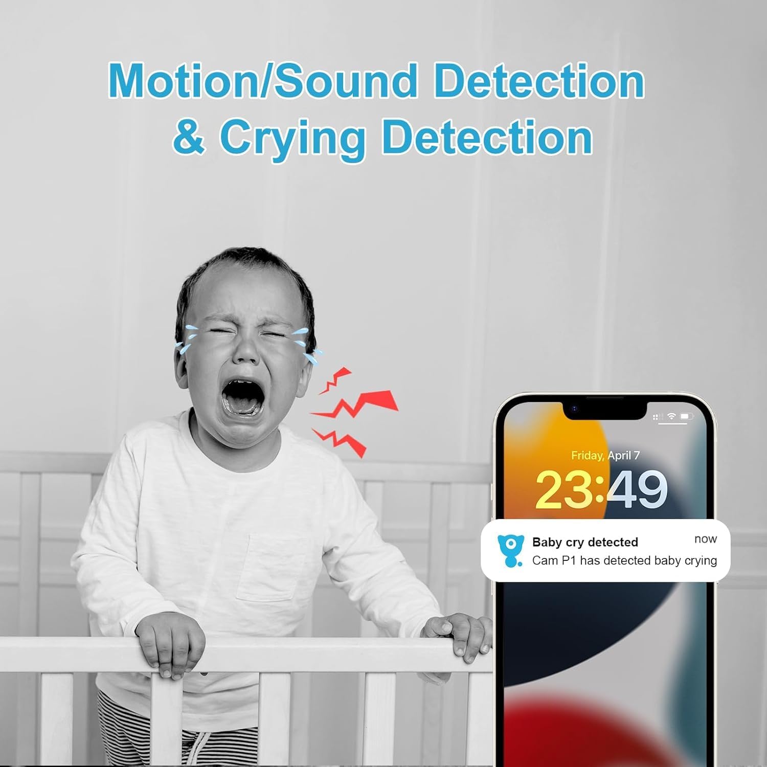 "360° nachtzicht babyfoon camera met tweerichting audio, compact design voor in de babykamer."
